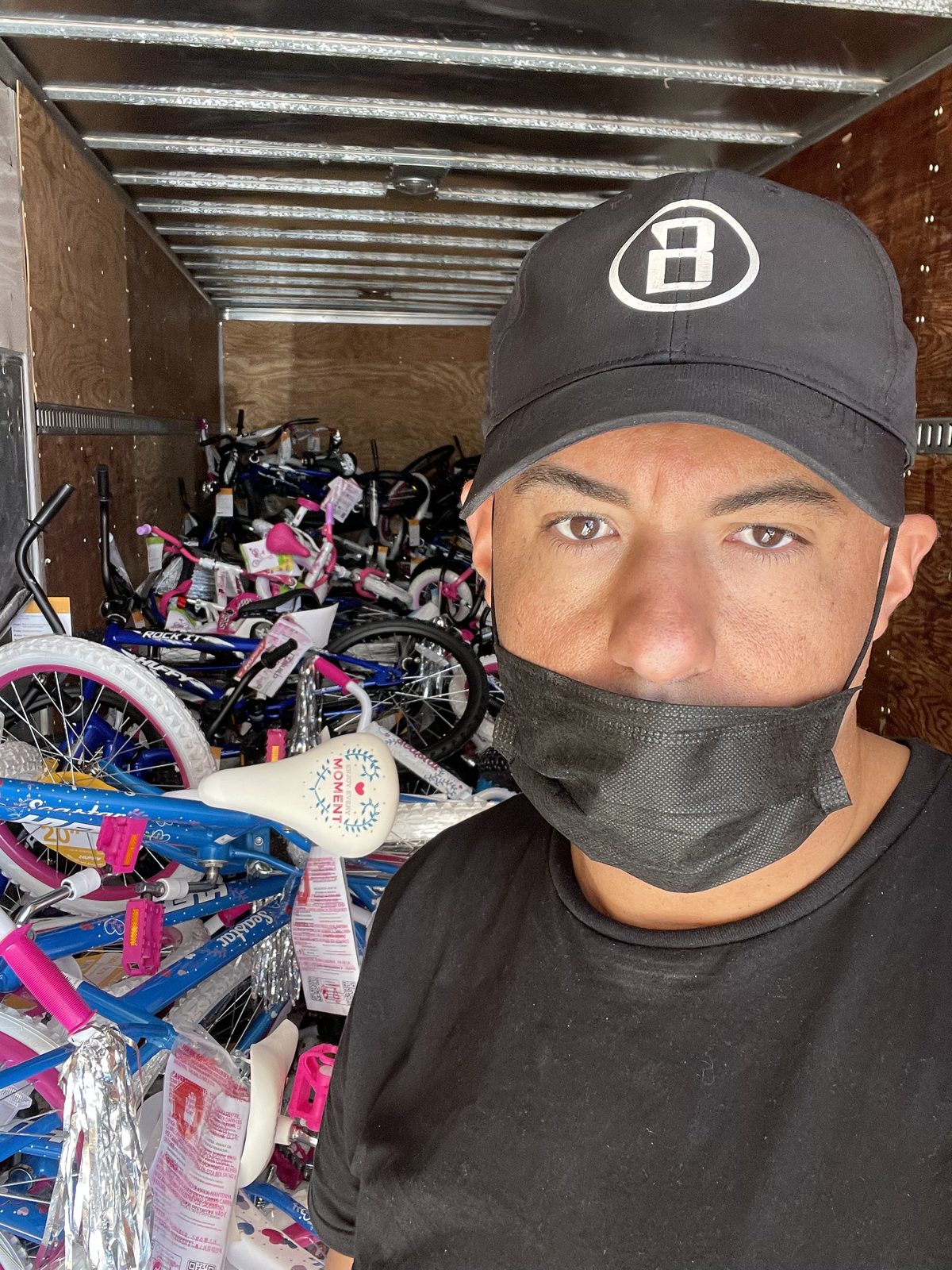 A volunteer with the bikes